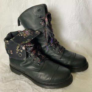 Dr Martens Aimilita Black Leather Floral Boots with Floral Ribbon Laces Size 10